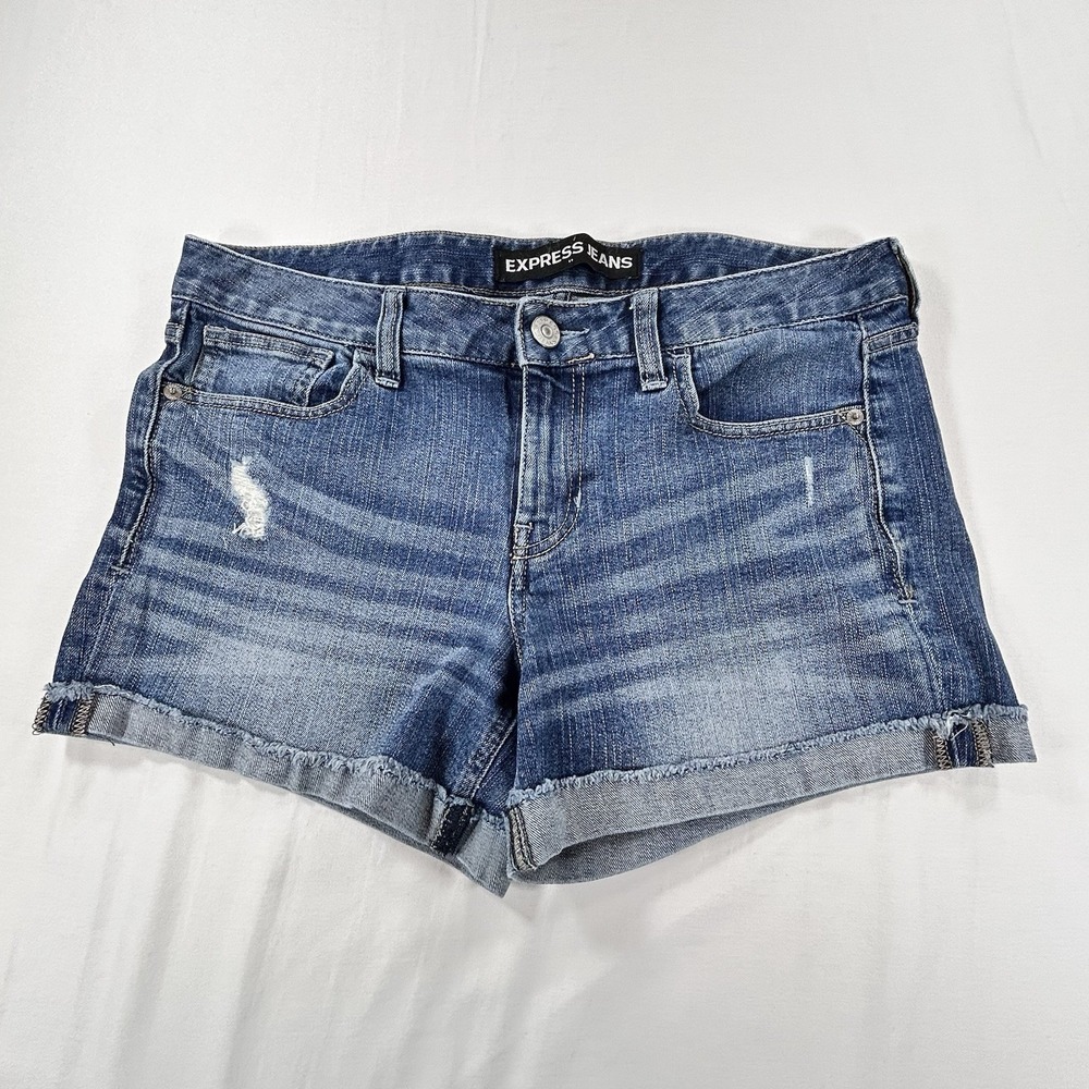 Express Denim Shorts Womens 10 Shortie Relaxed Mid Rise Medium Wash Blue 4"